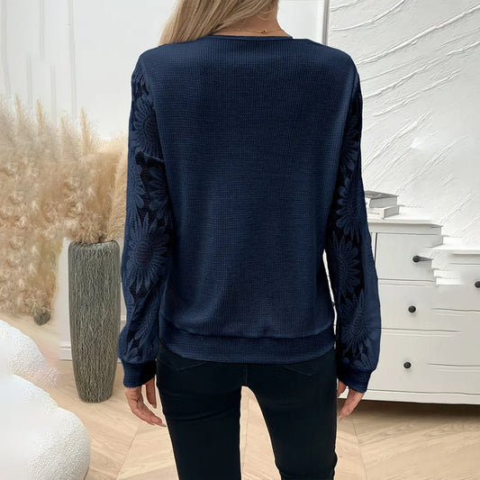 Elegant Women's Sunflower Embroidered Guipure Lace V-Neck Tee - Breathable Long Sleeve Blouse
