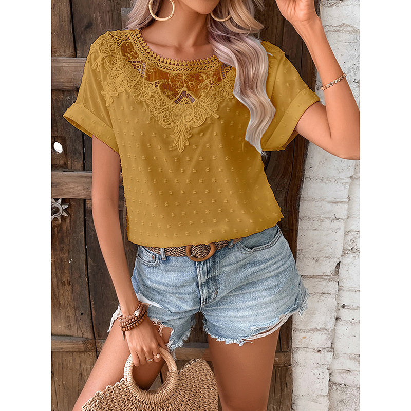 Womens Summer Tops Trendy Lace Floral Crew Neck Short Sleeve T Shirts Dressy Casual Blouses