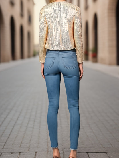 Elegant Casual Bomber Jacket - Fashion Women's Long Sleeve Round Neck, Spring Autumn Solid Color Knitted Outerwear  Amazon Does Not Sell