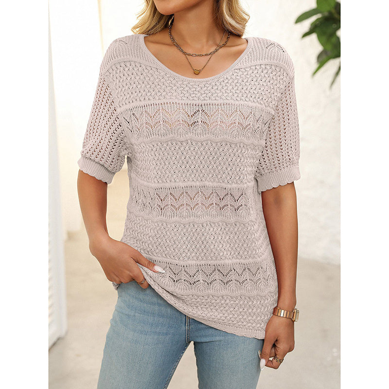 Women's Short Sleeve Sweater Tops Casual Crew Neck Crochet Knit Trendy Hollow Out Blouse T Shirts