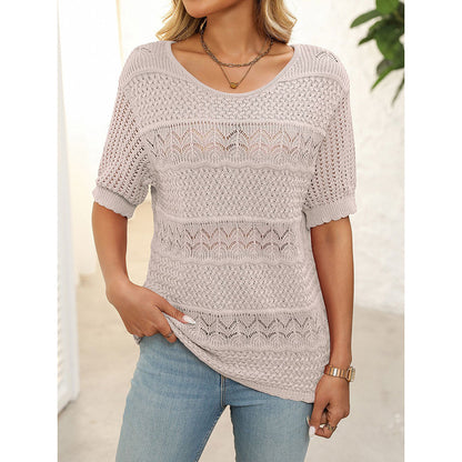 Women's Short Sleeve Sweater Tops Casual Crew Neck Crochet Knit Trendy Hollow Out Blouse T Shirts