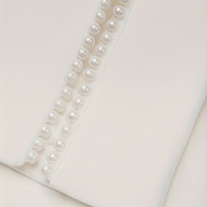 Women's Solid Color Pearl-Embellished Round Neck Dress - Elegant Back Zipper & Slit Sleeve Formal Dress