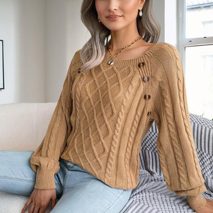 Women's Solid Color Casual Square Neck Button-Detail Knit Top - Textured Ribbed Pattern, Cozy Fall&Winter Sweater