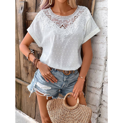 Womens Summer Tops Trendy Lace Floral Crew Neck Short Sleeve T Shirts Dressy Casual Blouses