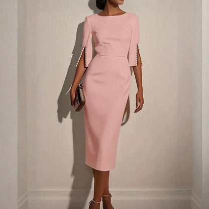 Women's Solid Color Pearl-Embellished Round Neck Dress - Elegant Back Zipper & Slit Sleeve Formal Dress