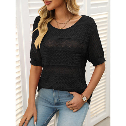 Women's Short Sleeve Sweater Tops Casual Crew Neck Crochet Knit Trendy Hollow Out Blouse T Shirts