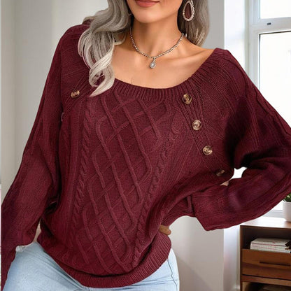 Women's Solid Color Casual Square Neck Button-Detail Knit Top - Textured Ribbed Pattern, Cozy Fall&Winter Sweater