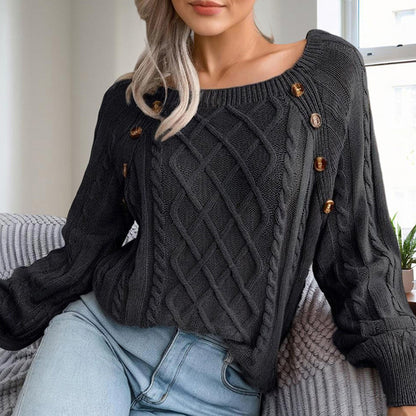 Women's Solid Color Casual Square Neck Button-Detail Knit Top - Textured Ribbed Pattern, Cozy Fall&Winter Sweater