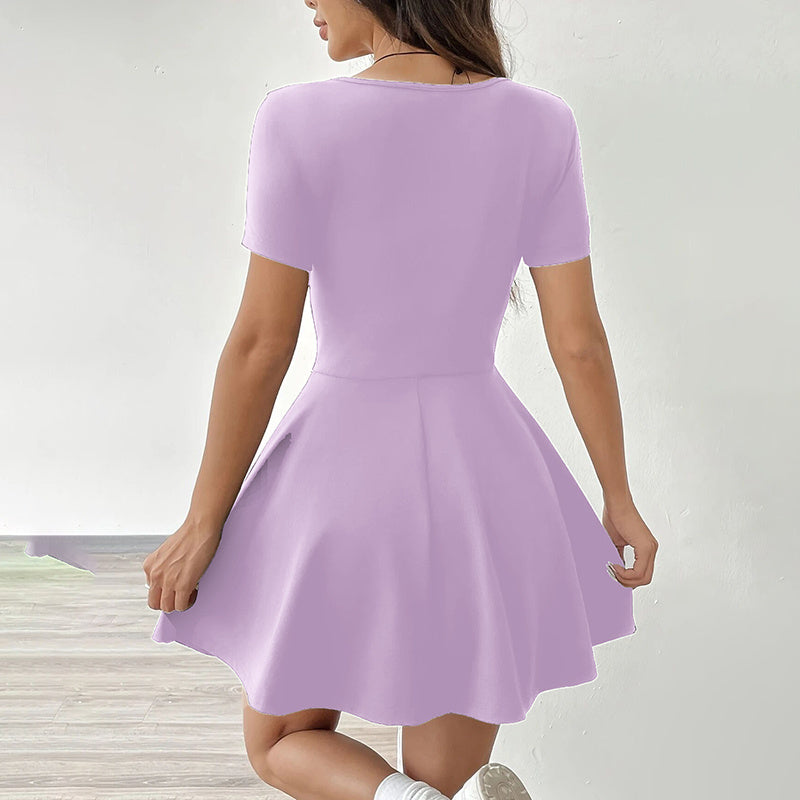 Women's Square Neck Short Sleeve Ruffle Hem A Line Flare Mini Basic Dress