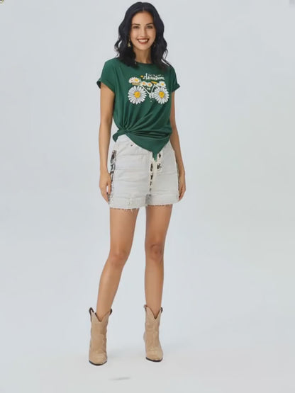 Women's Sunflower Bicycle Print Round Neck Tee - Summer Casual T-Shirt